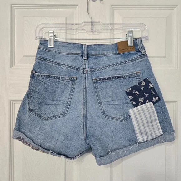 American Eagle 2 Patchwork Denim Shorts Light Wash Boho High Waisted Distressed - Picture 4 of 5